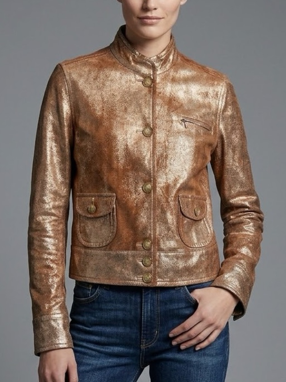 George by Marc Eisen Goat Suede Leather Jacket Size Large Foiled Gold Metallic